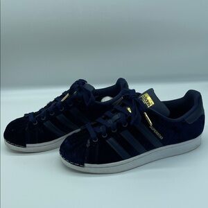 Adidas Dark Blue Superstar Shoes with Gold Details